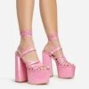 EGO Amazoness Lace Up Extreme Strappy Detail Platform Block Heel In Pink Patent