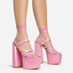 EGO Amazoness Lace Up Extreme Strappy Detail Platform Block Heel In Pink Patent