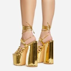 EGO Amazoness Lace Up Extreme Strappy Detail Platform Block Heel In Gold Patent -EGO shop 20 01 23 fw acc50818 sb