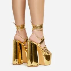 EGO Amazoness Lace Up Extreme Strappy Detail Platform Block Heel In Gold Patent -EGO shop 20 01 23 fw acc50819 sb2