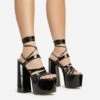 EGO Amazoness Lace Up Extreme Strappy Detail Platform Block Heel In Black Patent