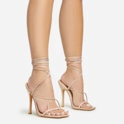 EGO Summer-Night Lace Up Textured Strap Detail Square Toe Heel In Nude Patent