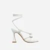 EGO Vera Lace Up Knotted Strap Detail Square Toe Flared Block Heel In White Faux Leather
