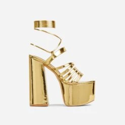 EGO Amazoness Lace Up Extreme Strappy Detail Platform Block Heel In Gold Patent -EGO shop 20 01 23 fw acc50942 sq
