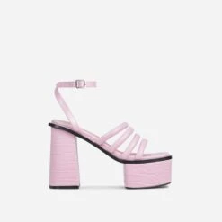 EGO Perocious Strappy Square Toe Platform Block Heel In Pink Croc Print Faux Leather -EGO shop 20 01 23 fw acc51200 sq