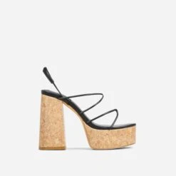 EGO Buffy Twisted Strap Detail Slingback Cork Platform Block Heel In Black Faux Leather -EGO shop 20 01 23 fw acc52659 sq