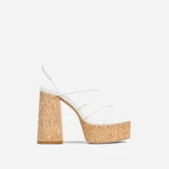 EGO Buffy Twisted Strap Detail Slingback Cork Platform Block Heel In White Faux Leather -EGO shop 20 01 23 fw acc52661 sq