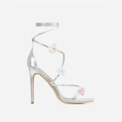 EGO Flower-Child Lace Up Strappy 3D Flower Detail Square Toe Stiletto Heel In Silver Faux Leather -EGO shop 20 01 23 fw acc52663 sq