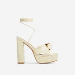 EGO Stacked Lace Up Knotted Strap Detail Peep Toe Wood Effect Platform Block Heel In Beige Faux Leather -EGO shop 20 01 23 fw acc52696 sq