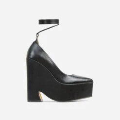 EGO Wandering Lace Up Pointed Toe Platform Wedge Heel In Black Faux Leather -EGO shop 20 01 23 fw acc52698 sq