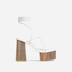 EGO Free-Soul Lace Up Strappy Square Toe Wood Effect Platform Block Heel In White Faux Leather -EGO shop 20 01 23 fw acc52700 1 sq