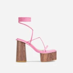EGO Free-Soul Lace Up Strappy Square Toe Wood Effect Platform Block Heel In Pink Faux Leather -EGO shop 20 01 23 fw acc52700 sq