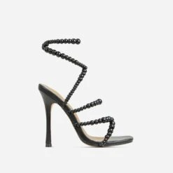 EGO Daya Lace Up Beaded Strap Detail Square Toe Stiletto Heel In Black Faux Leather -EGO shop 20 01 23 fw acc52704 sq