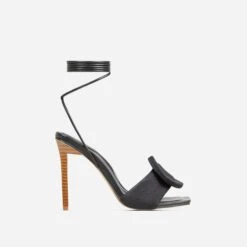 EGO Layla Lace Up Mix Match Buckle Detail Square Toe Stiletto Heel In Black Linen -EGO shop 20 01 23 fw acc52705 sq