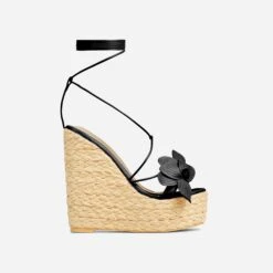 EGO Bloomy Lace Up 3D Flower Detail Woven Platform Wedge Heel In Black Faux Leather