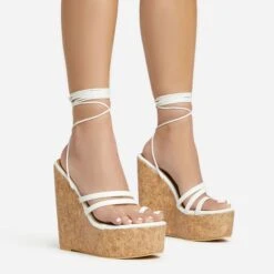 EGO Meg Lace Up Strappy Cork Platform Wedge Heel In White Faux Leather