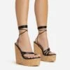 EGO Meg Lace Up Strappy Cork Platform Wedge Heel In Black Faux Leather