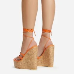 EGO Meg Lace Up Strappy Cork Platform Wedge Heel In Orange Faux Leather -EGO shop 20 01 23 fw acc52754 sb