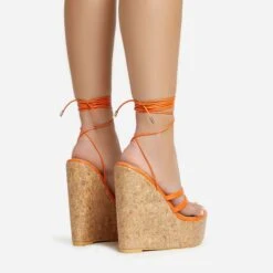 EGO Meg Lace Up Strappy Cork Platform Wedge Heel In Orange Faux Leather -EGO shop 20 01 23 fw acc52755 sb2