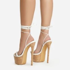 EGO West-Coast Lace Up Open Toe Cork Platform Stiletto Heel In White Faux Leather -EGO shop 20 01 23 fw acc52766 sb