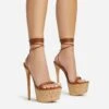 EGO West-Coast Lace Up Open Toe Cork Platform Stiletto Heel In Tan Brown Faux Leather