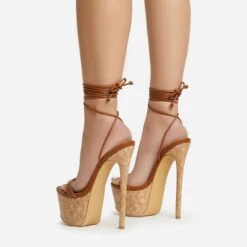 EGO West-Coast Lace Up Open Toe Cork Platform Stiletto Heel In Tan Brown Faux Leather -EGO shop 20 01 23 fw acc52770 p