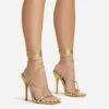 EGO Summer-Night Lace Up Textured Strap Detail Square Toe Heel In Gold Faux Leather -EGO shop 20 01 23 fw acc52789 s