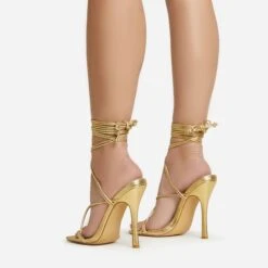 EGO Summer-Night Lace Up Textured Strap Detail Square Toe Heel In Gold Faux Leather -EGO shop 20 01 23 fw acc52791 sb