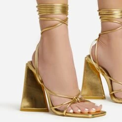 EGO Love-Booth Lace Up Knotted Strap Detail Square Toe Sculptured Flared Block Heel In Gold Faux Leather -EGO shop 20 01 23 fw acc52822 sq