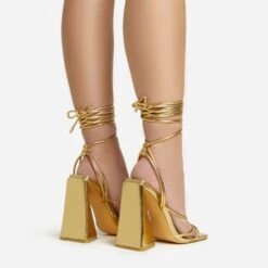 EGO Love-Booth Lace Up Knotted Strap Detail Square Toe Sculptured Flared Block Heel In Gold Faux Leather -EGO shop 20 01 23 fw acc52824 sb