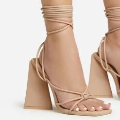 EGO Love-Booth Lace Up Knotted Strap Detail Square Toe Sculptured Flared Block Heel In Nude Faux Leather -EGO shop 20 01 23 fw acc52830 sq