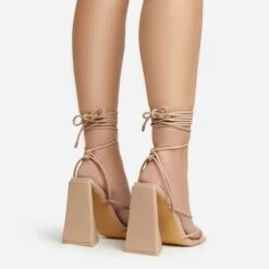 EGO Love-Booth Lace Up Knotted Strap Detail Square Toe Sculptured Flared Block Heel In Nude Faux Leather -EGO shop 20 01 23 fw acc52832 sb2
