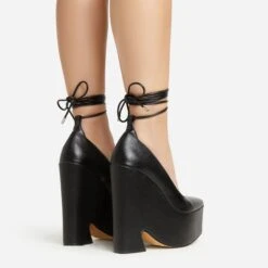 EGO Wandering Lace Up Pointed Toe Platform Wedge Heel In Black Faux Leather -EGO shop 20 01 23 fw acc52897 sb2