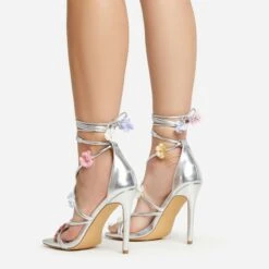 EGO Flower-Child Lace Up Strappy 3D Flower Detail Square Toe Stiletto Heel In Silver Faux Leather -EGO shop 20 01 23 fw acc52994 sq