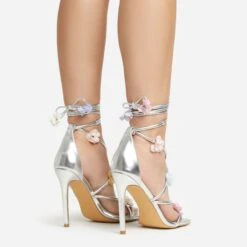 EGO Flower-Child Lace Up Strappy 3D Flower Detail Square Toe Stiletto Heel In Silver Faux Leather -EGO shop 20 01 23 fw acc52995 sq