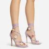 EGO Flower-Child Lace Up Strappy 3D Flower Detail Square Toe Stiletto Heel In Lilac Faux Leather