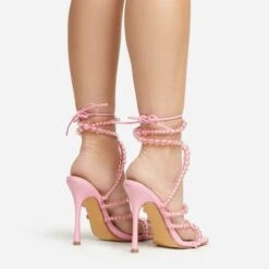 EGO Daya Lace Up Beaded Strap Detail Square Toe Stiletto Heel In Pink Faux Leather -EGO shop 20 01 23 fw acc53019 sq