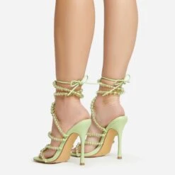 EGO Daya Lace Up Beaded Strap Detail Square Toe Stiletto Heel In Green Faux Leather -EGO shop 20 01 23 fw acc53022 sq