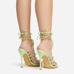 EGO Daya Lace Up Beaded Strap Detail Square Toe Stiletto Heel In Green Faux Leather -EGO shop 20 01 23 fw acc53023 sq