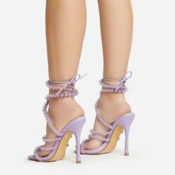 EGO Daya Lace Up Beaded Strap Detail Square Toe Stiletto Heel In Lilac Faux Leather -EGO shop 20 01 23 fw acc53026 sq