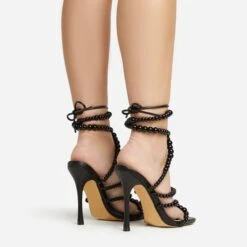 EGO Daya Lace Up Beaded Strap Detail Square Toe Stiletto Heel In Black Faux Leather -EGO shop 20 01 23 fw acc53031 sq