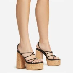 EGO Buffy Twisted Strap Detail Slingback Cork Platform Block Heel In Black Faux Leather
