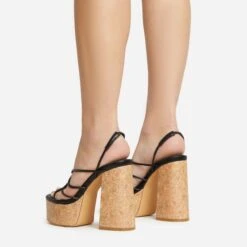 EGO Buffy Twisted Strap Detail Slingback Cork Platform Block Heel In Black Faux Leather -EGO shop 20 01 23 fw acc53046 sq