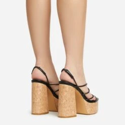 EGO Buffy Twisted Strap Detail Slingback Cork Platform Block Heel In Black Faux Leather -EGO shop 20 01 23 fw acc53047 sq
