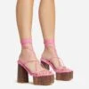EGO Free-Soul Lace Up Strappy Square Toe Wood Effect Platform Block Heel In Pink Faux Leather -EGO shop 20 01 23 fw acc53050 sq