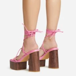 EGO Free-Soul Lace Up Strappy Square Toe Wood Effect Platform Block Heel In Pink Faux Leather -EGO shop 20 01 23 fw acc53052 sq