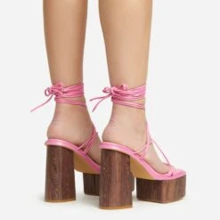 EGO Free-Soul Lace Up Strappy Square Toe Wood Effect Platform Block Heel In Pink Faux Leather -EGO shop 20 01 23 fw acc53053 sq