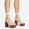 EGO Free-Soul Lace Up Strappy Square Toe Wood Effect Platform Block Heel In White Faux Leather