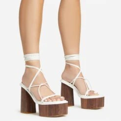 EGO Free-Soul Lace Up Strappy Square Toe Wood Effect Platform Block Heel In White Faux Leather