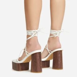 EGO Free-Soul Lace Up Strappy Square Toe Wood Effect Platform Block Heel In White Faux Leather -EGO shop 20 01 23 fw acc53057 sq
